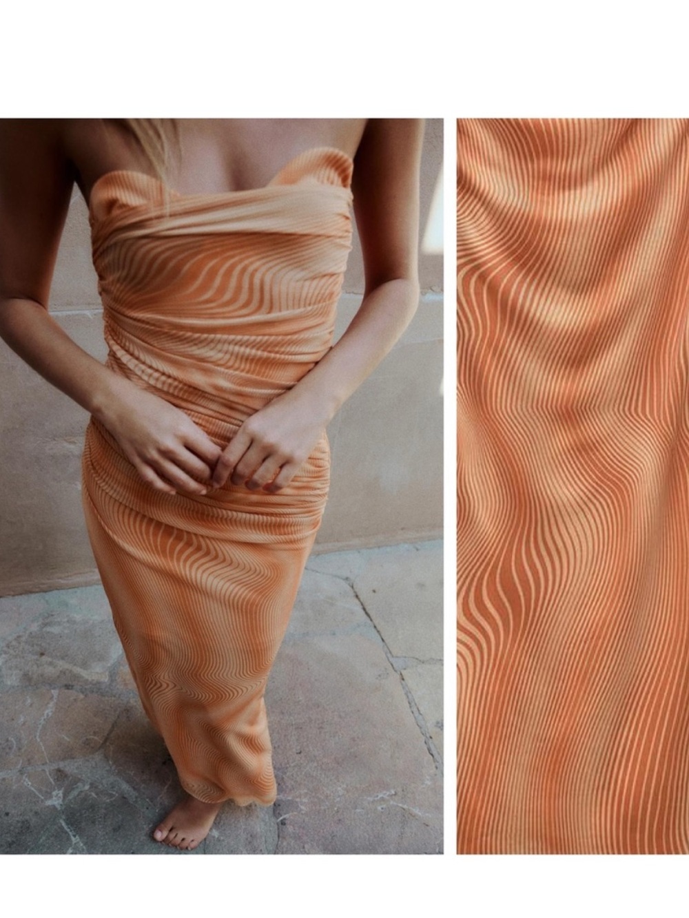 Zara Strapless Ruched Midi Dress in Peach